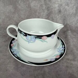Vtg Caravel by Excel Gravy Boat & Saucer Set Blk Border Pastel Iris Tulip China